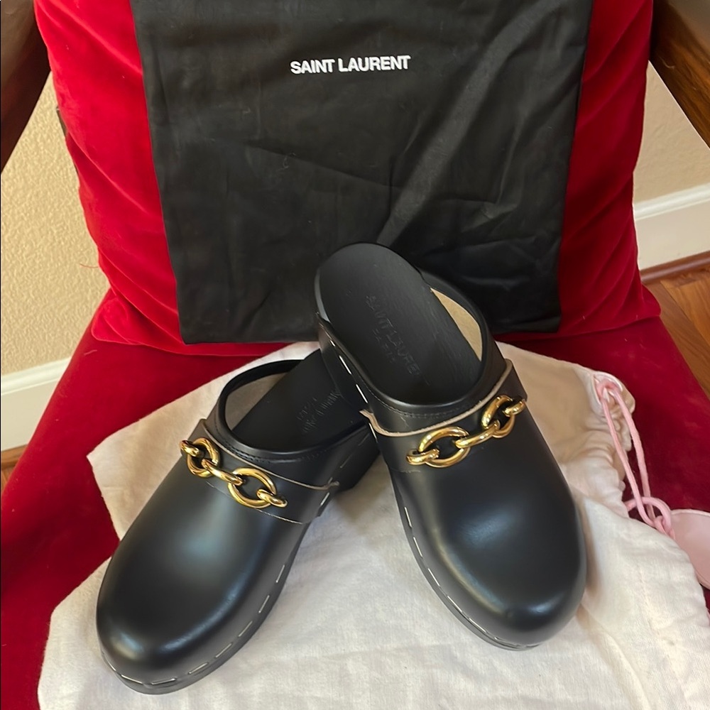 Saint Laurent Black and Gold Mules with Chain Detail